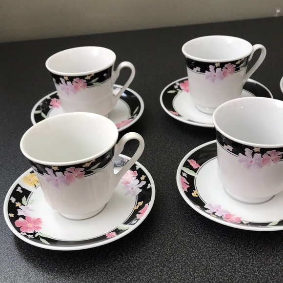 Demitasse Espresso cups & saucers, Set of 6 White & Black with Pink Flowers - Picture 3 of 9